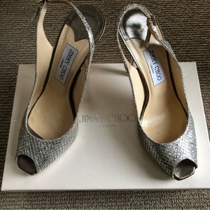 Jimmy Choo Champagne Glitter Peep Toe Platform Pumps